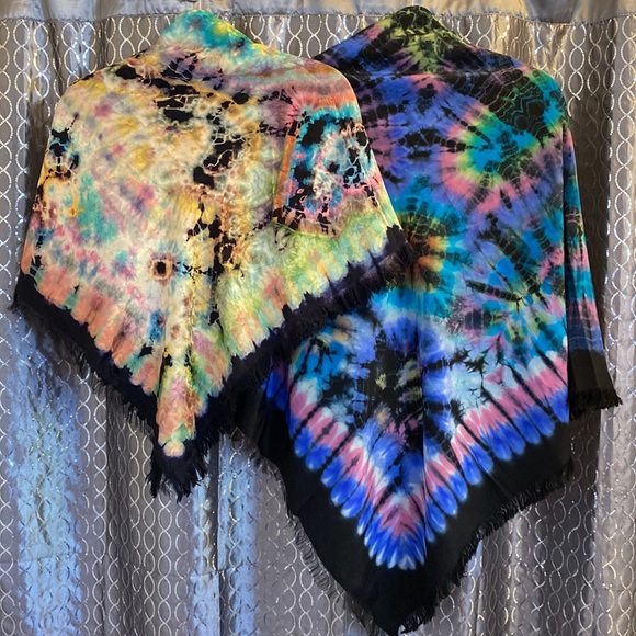 Accessories - A Bundle of 2 Rainbow Tie Dye Oversized Square Scarves Wraps with Frindged Edges